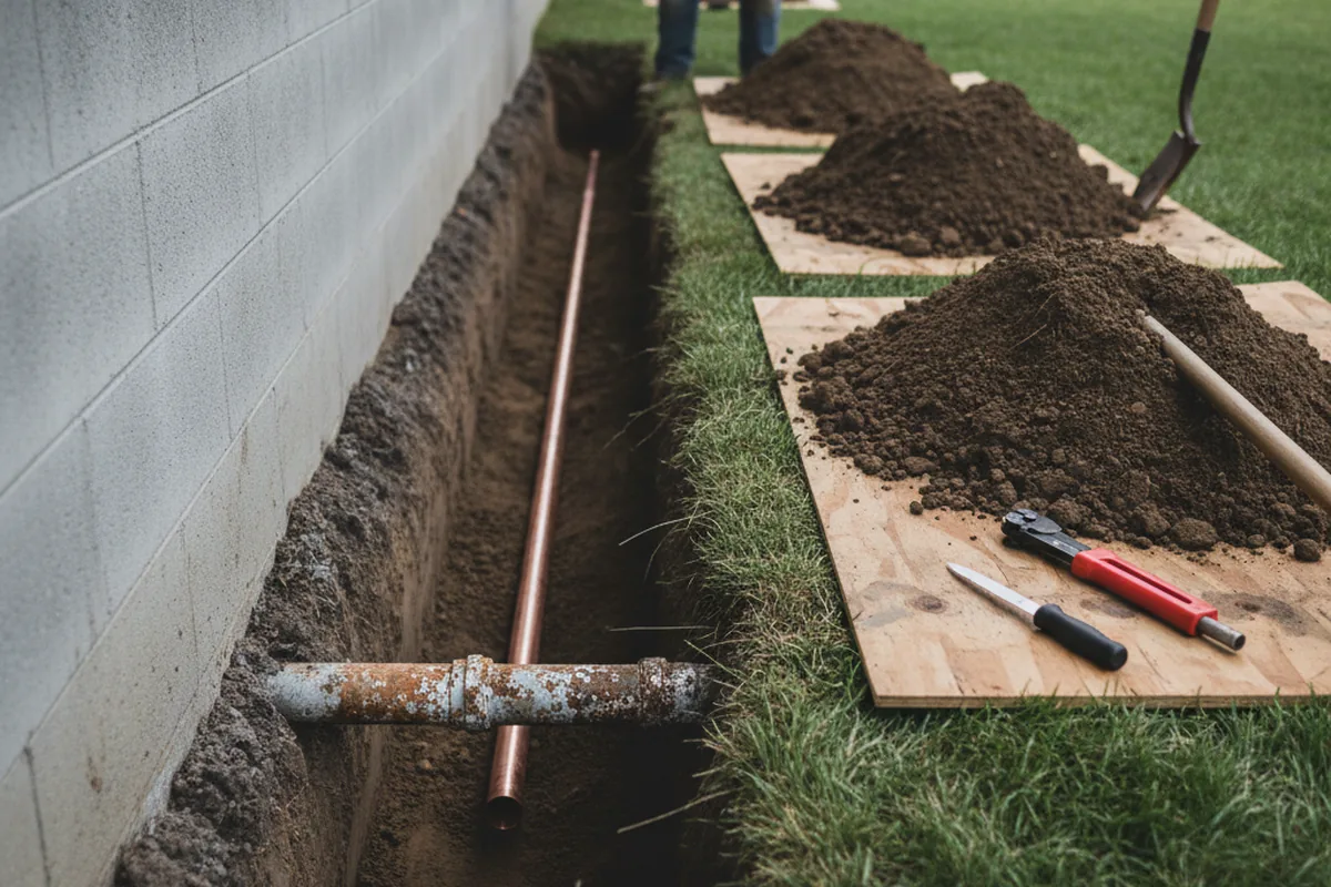 Excavated water line trench during Water Softener Installation in Warner